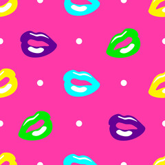 Colorful seamless pattern female lips in 80s or 90s style. Vector background retro vintage