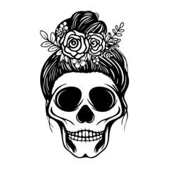 Skull with flowers hand drawn illustration.