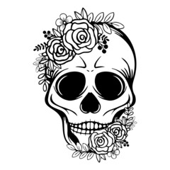 Skull with flowers hand drawn illustration.