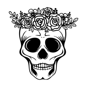 Skull with flowers hand drawn illustration.