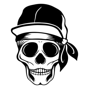 Skull with bandana and cap. rapper cool skull