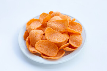 Prawn crackers on white background. Shrimp crispy rice snack