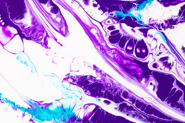Fluid art texture. Backdrop with abstract swirling paint effect. Liquid acrylic picture that flows and splashes. Mixed paints for posters or wallpapers. Purple, turquoise and white overflowing colors.