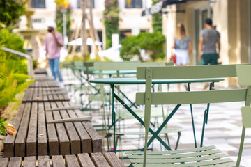 Seating in a downtown urban shopping plaza