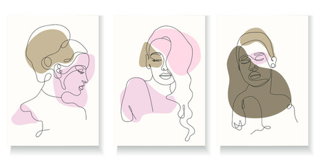 Line art women face contouring with different shapes in minimalistic style for prints, tattoos, posters, textile, cards etc. Vector illustration 