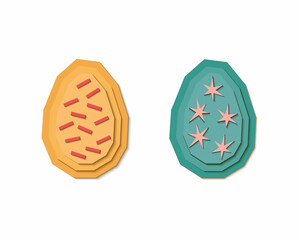 Two Easter eggs, blue with pink stars and yellow with red geometric decor. Vector illustration in the style of paper cut.