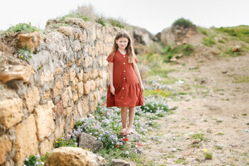Cute caucasian child girl in a summer dress walks barefoot over stones and wild flowers. Summer holidays, childhood and natural wild plants and flowers among the stones