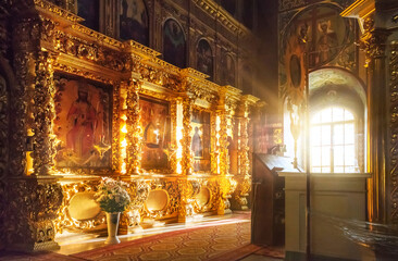 The golden iconostasis of the Assumption Cathedral of the Joseph-Volotsky Monastery in Teryaevo on an autumn day