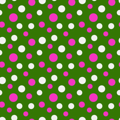 Pink and white colored polka dots seamless repeat pattern design in green background inspired from the leaves of Caladium