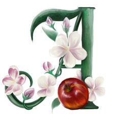 Drawn letter A, letter A font, with apple and flowers in green on a white background for creating cards, name backgrounds and textures