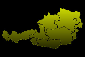 illustration map of Austria in golden color on a black background, relief
