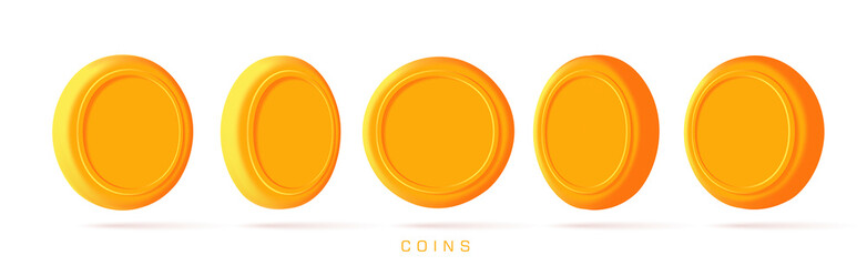 Gold coins in different shapes in perspective. 3d vector coins with blank space for your currency