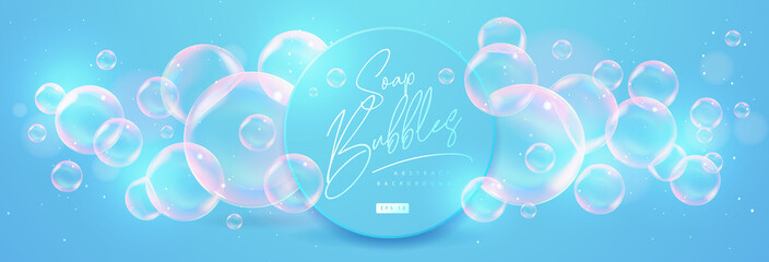 Abstract background with realistic soap bubbles. Bubbles with rainbow reflection. Vector illustration