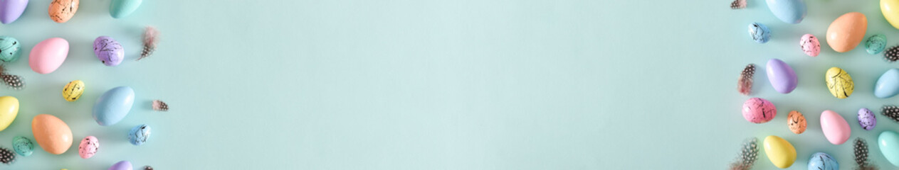 A long horizontal banner for Easter. Copy space. Flat lay, top view.