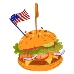 Burger. Cartoon American Burger With meat patty, Lettuce, Tomato And Cheese. Delicious fast food. Perfect for printing restaurant menus and posters. Vector hand drawn illustration