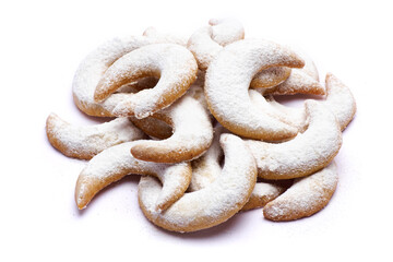 Traditional German or Austrian Vanillekipferl vanilla kipferl cookies isolated on white background