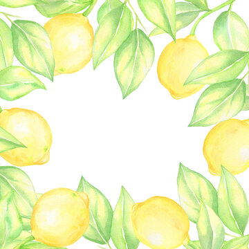 Hand drawn watercolor illustration.Lemon border.Isolated on white background.For card design,invitation.
