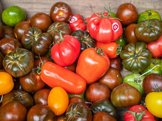 Selection of heritage Tomatoes at a farmers market