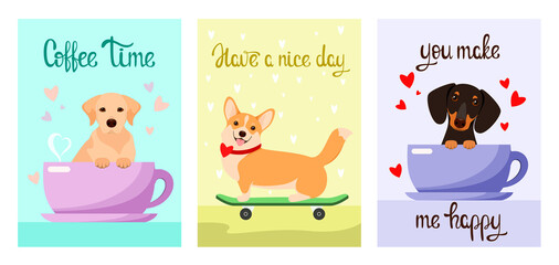 A set of postcards with funny dogs. Cartoon design.
