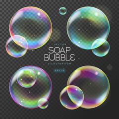 Set of realistic  soap colorful bubbles on transparent background. Vector illustration