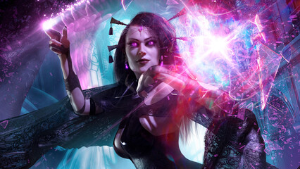 Charming sexy enchantress woman with purple needles in an elegant black dress playfully smiling beats off a spell making a beautiful gesture with her fingers in an ancient night temple. 3d rendering - obrazy, fototapety, plakaty