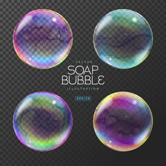 Set of realistic soap colorful bubbles on transparent background. Vector illustration