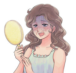 肌の老化に青ざめるレトロ少女漫画風のすっぴん女性