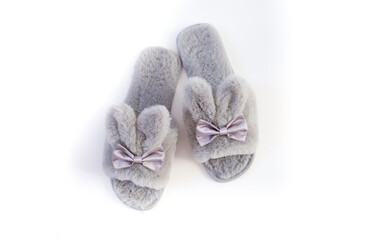Slippers in the shape of a bunny with ears isolated on a white background, women's or children's...