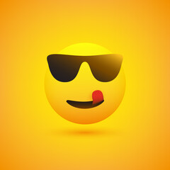Positive, Smiling Satisfied Mouth Licking Hipster Emoji with Sunglasses on Yellow Background - Vector Design