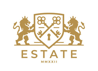 Luxury Lion key real estate logo. Elegant heraldic shield crest icon. Premium coat of arms symbol. Vintage royal heraldry brand identity emblem. Vector illustration.