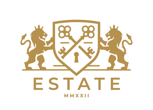 Luxury Lion key real estate logo. Elegant heraldic shield crest icon. Premium coat of arms symbol. Vintage royal heraldry brand identity emblem. Vector illustration.