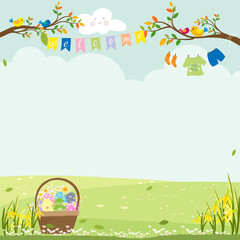 Easter greeting card, Spring background with Hello Spring landscape with welcome flags,Kid clothe hanging  tree on blue sky background,Vector Banner backdrop of green grass field in Sunny day summer