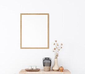 Mock up wooden photo frame in boho style with decoration3d rendering