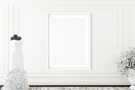 Poster with vertical frames on empty white wall in living room interior with white flowers3d render