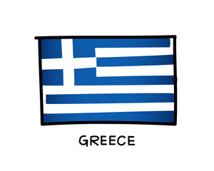 Flag of Greece. Colorful Greek flag logo. Blue and white brush strokes, hand drawn. Black outline.