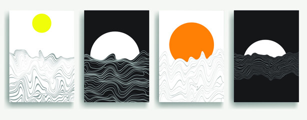 Fototapeta premium Contemporary art composition . Vector illustration . Modern sun and ocean background . Minimal design brochure . Abstract geometric poster.