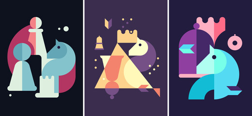 Posters with chess pieces and geometric shapes. Set of placard designs in abstract style.