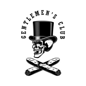 Gentlemens club. Gentleman skull with crossed cigars. Design element for label, sign. Vector illustration