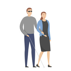 Woman help blind person. Vector illustration.