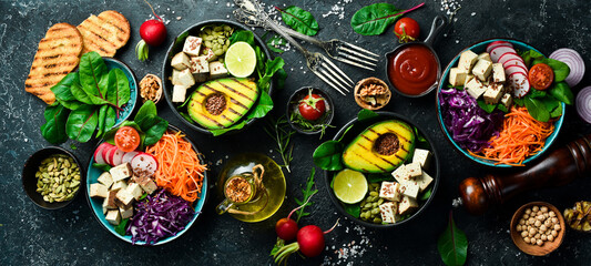 Food. Set of dishes on the table. The concept of dietary nutrition. On a stone background. Top view.