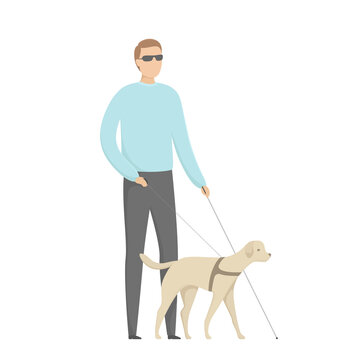 Blind man walking with guide dog. Vector illustration.