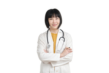 Fototapeta premium Young asian female doctor smiling and looking at camera, isolated on white background.