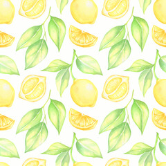 Watercolor seamless pattern with lemon,leaves and lemon slices isolated on white background.Perfect for textile ,fabrics,prints and more.