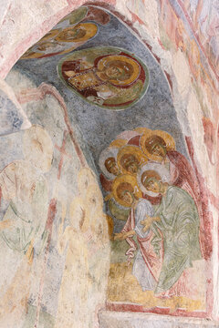 Medieval frescos in the St. Nicholas church in Myra. Demre, Antalya, Turkey. Byzantine wall-painting. History of religion and art concept