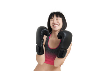 Young asian woman laughing and posing wearing boxing gloves, isolated on white background.
