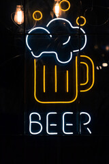 neon beer shop sign, glowing sign.