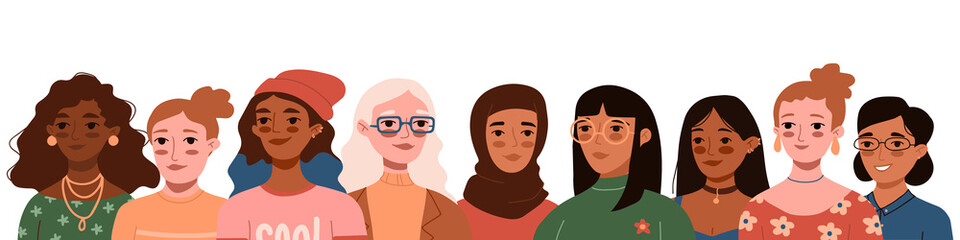 Portrait of different women together. International Women's Day, 8 March greeting card, banner. Feminism, freedom, independence, empowerment, rights, equality, social diversity