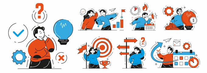 Fototapeta premium Collection business people planning, thinking, strategy development and making choice vector flat illustration. Set man and woman work process organization, time management, deadline, motivation