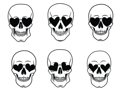 Set of valentines skull. Collection of head skeleton with hearts eye. Halloween print. Vector illustration drawing by hand. Tattoo.