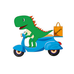 Plakat Cute Dragon on a scooter carries delivery. Delivery ride scooter delivery service , Order, Fast Shipping, Flat Line Art Vector Background.